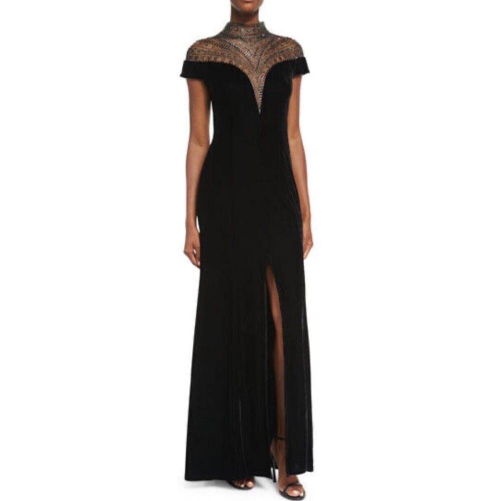 Tadashi Shoji Size 18 Black Velvet Maxi Piper Gown Sequins Cap Sleeve New Ab18